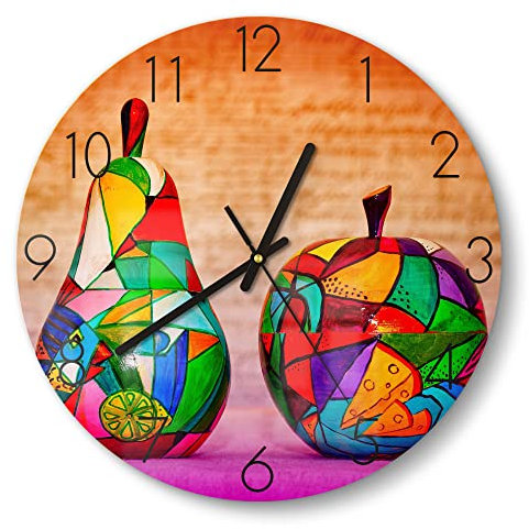 DEQORI Glasuhr | rund Ø 30 cm | Motiv Bunte Holzfrüchte | ausgefallene leise Design Uhr aus Glas | Wanduhr für Wohnzimmer & Küche | Moderne Hingucker Uhr für die Wand