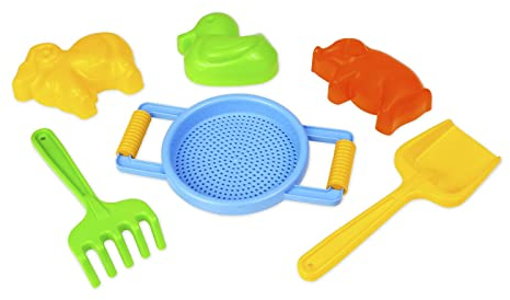 Lena 05418 Happy Sandsieb mit Zubehör, Strandspielzeug 6-teilig, Sandgarnitur mit Sieb, Mehlschaufel, Rechen, 3 Sandförmchen Lamm, Ente und Schwein, Sandspielzeug für Kinder ab 12 Monaten