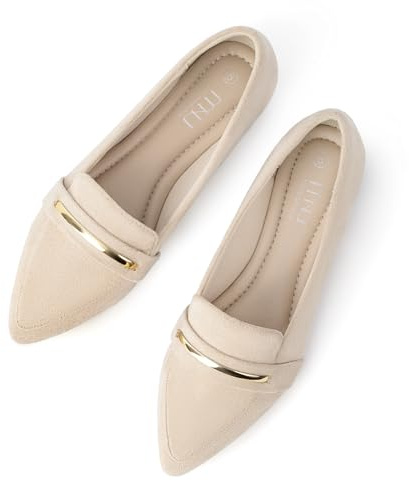 MUSSHOE Loafers for Women Pointed Toe: Dressy Gold Bit Flats, Suede BusinessCasual Slip On Shoes for Office Work,Interview & Teacher,Nude 8.5