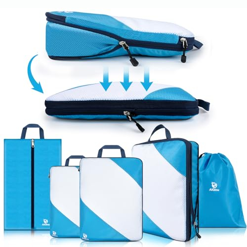 AiQInu Rangement Valise Lot de 5,Packing Cubes Compression Organisateur de Voyage Ultraléger, Extensible, Sac Compression à Chaussures, Bagage