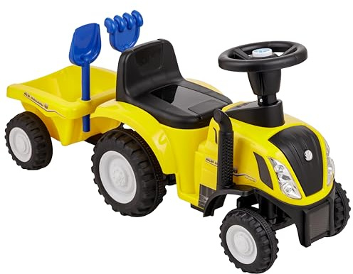 Baroni Toys Trattore Ride-On con Rimorchio per Bambini dai 12 a 36 mesi, Trattore con Clacson ad Aria, Volante Sterzante, Suoni e Fari Funzionanti, Paletta e Rastrello Inclusi, 29x91x44 cm, Giallo