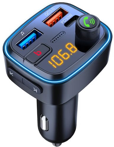 GemCoo Bluetooth FM Transmitter Auto FM-Transmitter 48W Schnelllade-Autoladegerät (PD 30W&QC 18W) Transmitter für Auto Bluetooth Auto Radio Deep Bass Musik Adapter Freisprecheinrichtung Auto Ladegerät