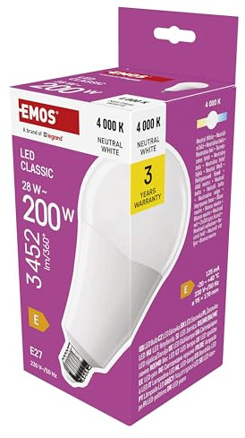 EMOS LED Lampe A95 - große Birne, 28W ersetzt 200W Glühbirne, klassiche Birne in größerer Form, E27 Sockel, Helligkeit 3452 lm, Neutralweiß 4000 K, 30000 h Lebensdauer, CRI > 80, 180° Abstrahlwinkel