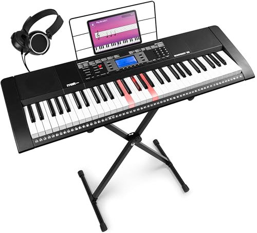 MAX Rhapsody61L - Midi Keyboard für Anfänger, 61 Leuchttasten, Keyboard mit Ständer und Kopfhörer, Digital Piano, 300 Sounds, 300 Rhythmen, Begleitautomatik, Lern-Funtkion, Schwarz
