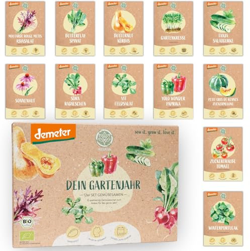 BIO Gartenjahr Gemüse Samen Set - 12 Sorten Demeter Gemüse Saatgut für das ganze Jahr | Seltene u. alte Gemüsesamen allesamt samenfest | Für Balkon, Hochbeet, Garten & als Geschenk | Loveplants