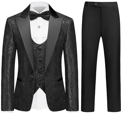 Lamgool Boys Tuxedo Suits 5 Piece Slim Fit Kids Floral Jacquard Formal Set Size 10 with Black Blazer Shirt Vest Pants Bow Tie for Wedding Prom