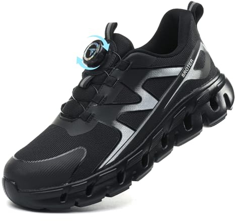 AEKYIWL Chaussures de Sécurité Hommes Femmes Légère Respirantes Basket de Securite Confortable Antidérapante Chaussures de Travail Lacet à Bouton Pivotant, Noir, 46 EU