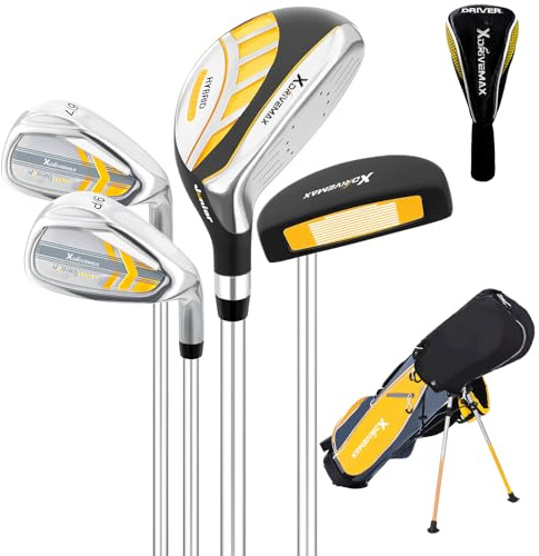 5 delar juniorgolfklubbor set för barn i åldrarna 5-7, golfklubbor för ungdomar 6-8, 9-12, komplett golfklubbset för barn med förare, hybrid, järn, putter, stativväska, lätt för pojkar flickor, gul