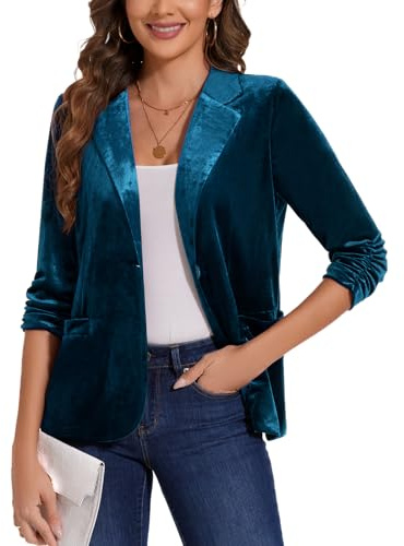 MINTLIMIT Retro Vintage Velvet Cardigan Half Lined Blazers Suit for Ladies 3/4 Ruched Sleeve Notch Lapel Neck Womens Elegant Dressy Jacket with Button & Pockets (Dodgerblue XL)