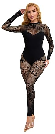 Walang Body pour femme avec vêtements gainants extensibles en dentelle ajourée en maille et collants en résille et combinaison grande taille XS-XXL, Noir , XS-XXL