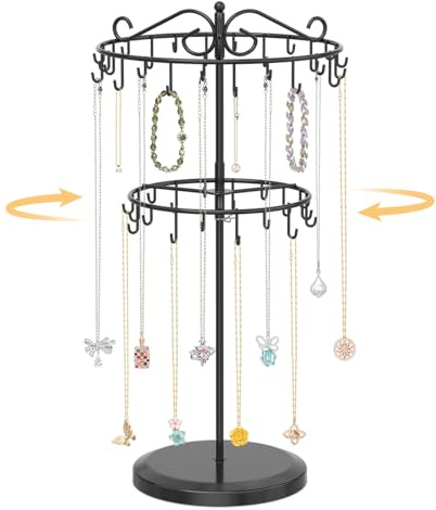 EsLuker.ly Necklace Holder Organizer Rotating Display Stand, 2 Tier Adjustable Height Necklaces Hanger Tree Tower with 42 Hooks, Metal Tall Jewelry Bracelet Storage Rack for Women Vendors Sell, Black
