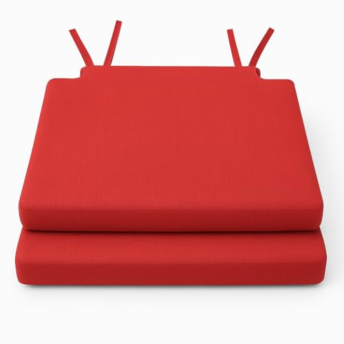 Pack 2 Cojines para Silla 40x40x3 cm – Lavables con Cremallera – Interior y Exterior – con Lazos – Diseño Liso o Estampado – para Comedor, Terraza o Jardín (Rojo)