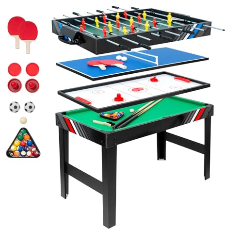 4-in-1 Multi Spieltisch mit Tischkicker, Billard, Airhockey, Tischtennis, Multifunktionstisch Multiplayer Inkl. komplettem Zubehör, Kinder und Erwachsene, für Heimspielzimmer, Partybars