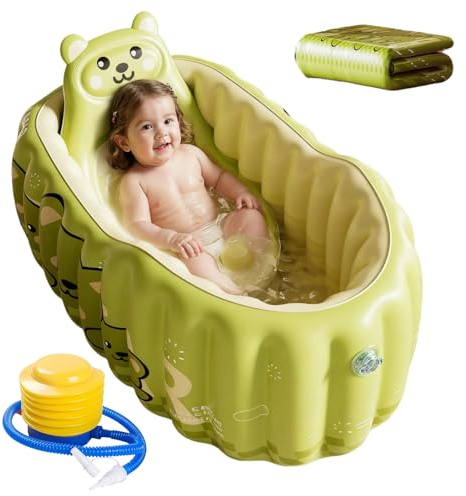 Vasca gonfiabile per neonati con schienale e sedile antiscivolo – Bagnetto portatile imbottito con pompa inclusa, ideale per casa e viaggi (Verde)