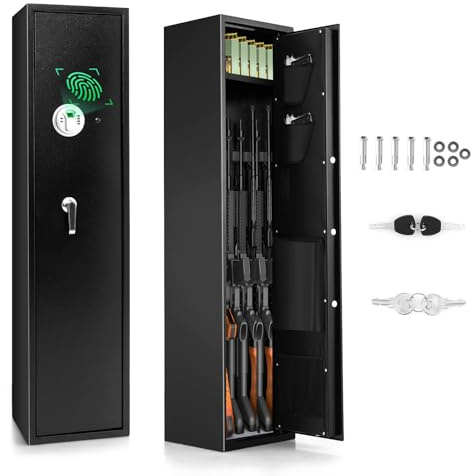KOMFOTTEU Waffenschrank mit Fingerabdruck, Waffensafe mit digitaler Tastatur, Notfallschlüssel, Tresor, Taschen, Waffentresore für 5 Gewehre, Gewehrschränkchen Langwaffenschrank