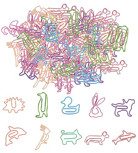 100 Trombones Forme Animaux Multicolores Métal Dessin Animé Bureau École | Mignons cadeau, marque-pages documents, femmes hommes, motif cartoon, rigole amusant, rigide, coloré, vrac, solide
