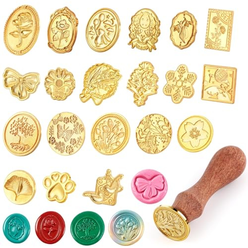 21 Pcs Wax Seal Stamp Kit, Vintage Classic Brass Sealing Wax Stamps with Removable Wooden Handle, Wax Seal Stamp Heads for Wedding Invitation Cards, Envelopes, Greeting Cards, Gift Wrapping Crafts
