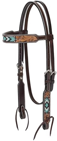 Weaver Equine Turquoise Diamond Beaded Horse Headstall, Leather Headstalls for Horses for Trail Riding, Durable Equine Supplies, Dark Oil