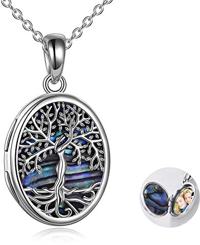 YAFEINI Medaillon-Halskette,Sterling Silber Baum des Lebens Medaillon-Halskette Abalone-Muschel Anhänger Schmuck Foto Bilder Medaillon Halskette für Frauen