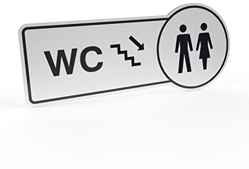 Betriebsausstattung24® HInweisschild WC Treppe runter | Folie, selbstklebend (BxH): 30,0 x 13,0 cm | Befestigungsart: Zum Verkleben | Symbol und Text Schild | Toilettenkennzeichnung | WC Schild