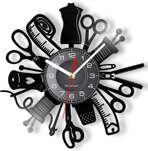 Timethink Sewing Machine Quilting Tools Vinyl Record Wall Clock Battery Operated Silent Quartz Tailor Seamstress Sign Timepiece (Without Light)
