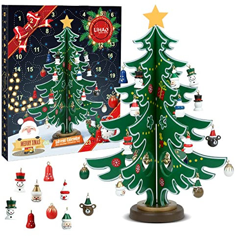 LIHAO Advent Calendar 2025 24 Days Christmas Countdown Calendar Wooden Tree with Miniature Ornaments Tabletop DIY Mini Tree for Christmas Desk Decoration or Gift