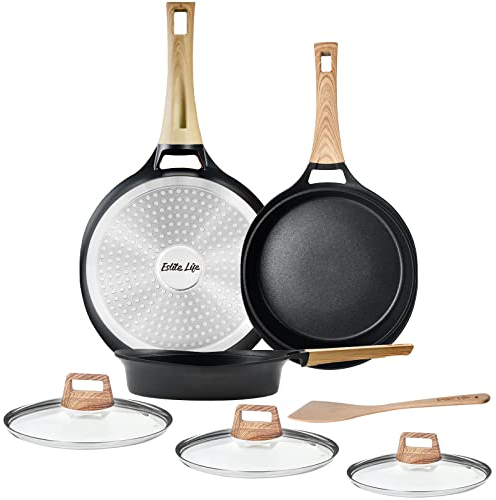 ESLITE LIFE Stekpanneset med lock non-stick induktionsstekpanna-set omelett panna med långvarig nonstick shot peening hantverk, 7-delar