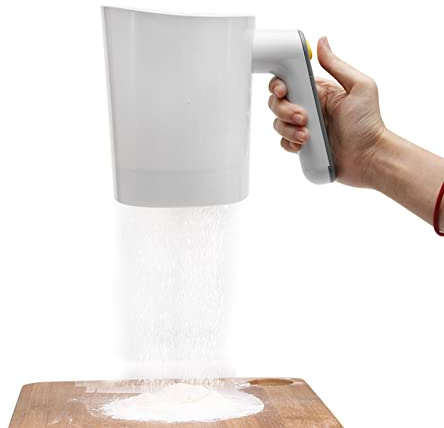 QOTSTEOS Electric Flour Sifter, Handheld Battery Operated Stainless Steel Mesh Shaker, Cup Shape Powder Shaker Strainer Kitchen Cooking Baking Pastry Tools 4 Cup Capacity(White)