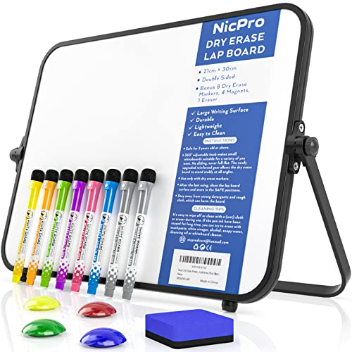 Nicpro Lavagna bianca bianca cancellabile a secco, formato A4, con supporto antiscivolo, 21x30 cm, doppia lavagna magnetica da scrivania, cavalletto portatile, per studenti in classe