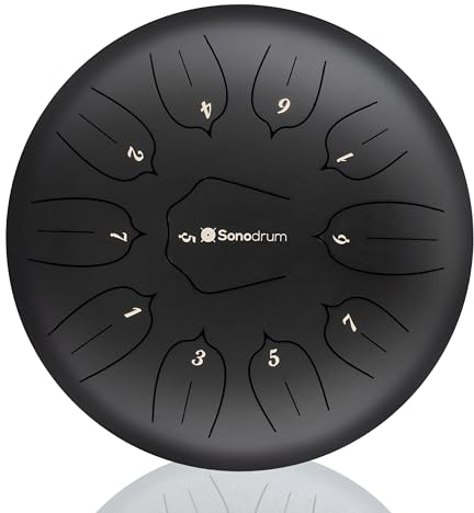 Sonodrum Zungentrommel Standard D - Dur in Schwarz - 30 cm groß mit 11 Tönen - Steel Tongue Drum inkl. Liederbuch, Schlägel, Fingersticks und Tragetasche - Notenlesen nicht nötig, einfach zu spielen