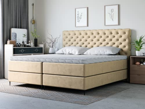 GRAINGOLD Bergamo Boxspringbett mit Zwei Bettkästen, Zwei bequemen Matratzen, elegantem Kopfteil mit Glamour-Steppung, automatischen Federn - Große Auswahl an Stoffen - Doppelbett 180x200