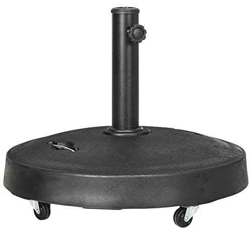 Outsunny 25kg Resin Garden Parasol Base with Wheels and Retractable Handles, Round Outdoor Market Umbrella Stand Weight for Poles of Φ38mm to Φ48mm, Black