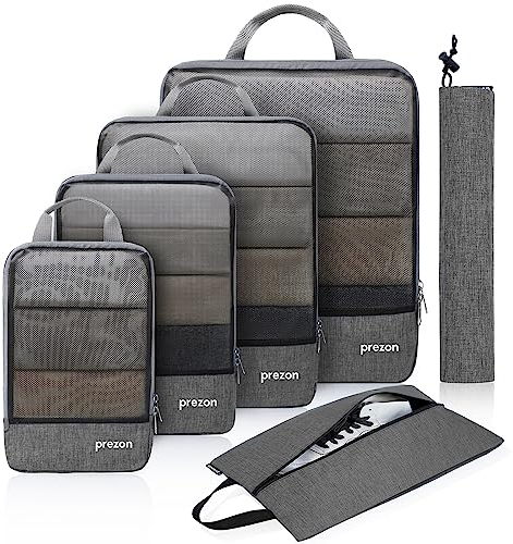 Prezon Komprimierbaren Packwürfeln mit Reiseschuhtasche und Wäschesack, Erweiterbarer Koffer-Organizer, Packtaschen Set zur Organisation Ihres Reisegepäcks, Gepäck Organizer für Rucksack & Koffer
