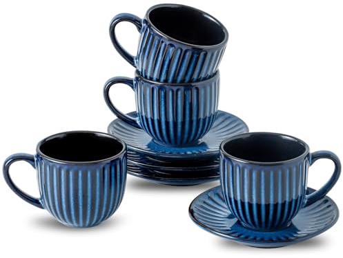 Hasense Ceramic Cappuccino Cups and Saucers Set of 4, Ribbed 6 Oz Demitasse Tea Cup with big Handle, Mugs Set for Coffee,Tea,Latte and Mocha, Aesthetic Gift for Anniversary or Holiday, Blue