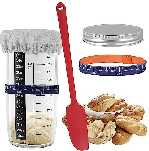 Fyeme Sauerteig Starterglas Sauerteig-Starter-Set für Sauerteigbrot Backzubehör mit Markierungsband, Deckel, Stoffabdeckung, Temperaturpapier, Rührstab 730ml Sauerteig Glas