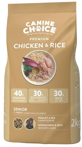 Canine Choice Premium hundtorrfoder Senior – kyckling & ris 2 kg | 40 % kyckling, 30 % ris, mild granulatformel för hundar från 7 år | Naturligt ledstöd och matsmältning för alla