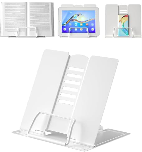 Buchständer,Book Stand,Verstellbarer Faltbarer Metall Buchhalter für Rezept, Lehrbuch, Dokument, Musikbuch, Kochbuchhalter mit 6 Verstellbaren Positionen Leseständer (Weiß)