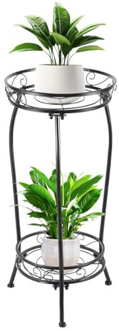 Fiita Étagère à fleurs en métal à 2 étages pour plantes en pot, décoration intérieure et extérieure, debout - Hauteur et largeur : 68 x 30 cm - Support en métal pour coin plantes de jardin - Noir