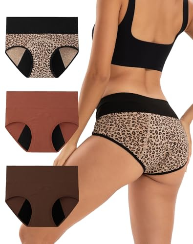 INNERSY Bragas Menstruales Algodon Braguitas Regla Mujer Cintura Alta Incontinencia Pack de 3 (L, Leopardo+Marrón+Café)