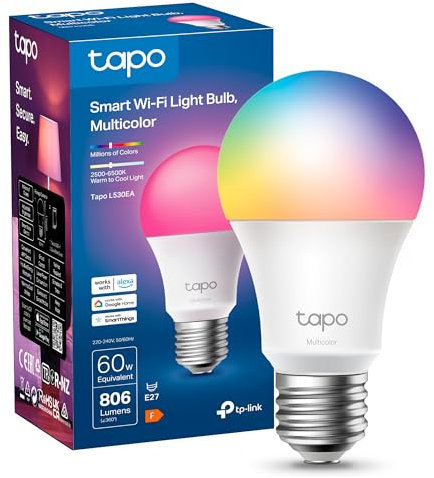 Tapo Smart Glühbirne E27, Kompatibel mit Alexa, Mehrfarbige dimmbare Funktion, 806 Lumen, Zeitpläne und Automatisierungen, Abwesenheitsmodus