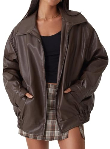 Giacca in Pelle PU Donna Giacca da motociclista in Similpelle Autunno Inverno Cappotto Bomber Giacca Capispalla Streetwear, marrone, S