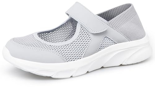 Hsyooes Sandalen Damen Walkingschuhe Klettverschluss Hausschuhe Atmungsaktiv Freizeitschuhe Leichter Krankenschwester Schuhe Bequemer Rutschfest Sommer Outdoor Grau EU36=Hersteller 37