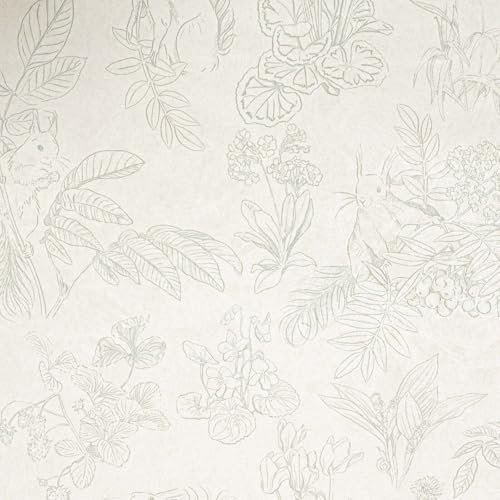 SOPHIE LAURENCE Cream Green Wallpaper Floral Leaf Rabbits Thick Textured Vinyl Feature Wall,Smooth Finish Wall Panels for Lounge, Bedroom, Study Washable, Strippable, Non-Pasted (Full Roll)
