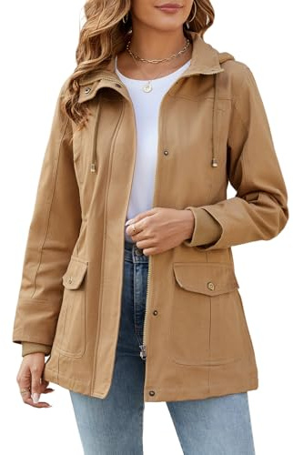 Tuopuda Chaqueta Militar Mujer Primavera Otoño Parka Entretiempo Cazadora Algodón Casual Sahariana Cintura Alta Cordón Zip Up Capucha Multibolsillos Aviador Abrigos Chaquetas Verano, caqui, M