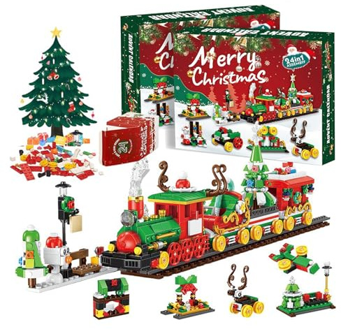 Calendario de adviento 2025 de bloques - Cuenta atrás de 24 días con reno, trineo y árbol de Navidad y tren de Navidad como decoración - Regalo para niños, niños, niñas y adultos (C)