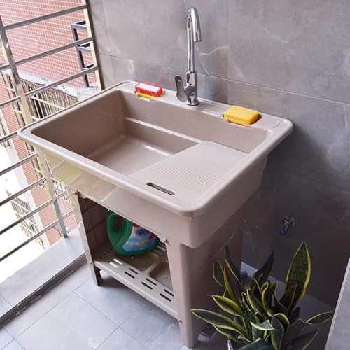 Évier d'extérieur autonome en plastique avec robinet et planche à laver | Station de lavage utilitaire portable pour jardin, camping, garage (D, 68 x 58 x 80 cm)