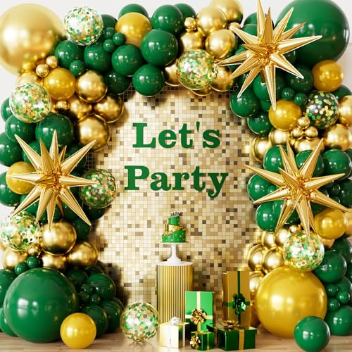 Adeyoo Green and Gold Balloons Garland Arch Kit, Dark Green Gold Balloons | 117PCS Green and Gold Balloons, Confetti and Star Foil Balloons for Graduation, Birthday, Jungle Party Decorations