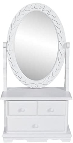 Keeushr Tavolo da toeletta con specchio girevole ovale in MDF, laccato bianco caldo, con tre cassetti, inserto per cassapanca o tavoli, elegante mobile vintage, pratica conservazione,