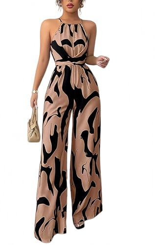 Zesoyne Women's Halter Neck Abstract Print Jumpsuit Sleeveless Wide Leg One Piece Outfit Romper with Belt for Party X-Large Brown