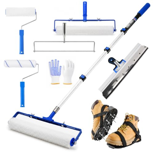 Epoxy & Self Leveling Cement Flooring Tool Kit withTelescopic Extension Pole,Adjustable Roller Frame,Self-Leveling Rake,Spiked Shoes,Paint Rollers&Gloves for Concrete,Garage&Resin Floor Projects